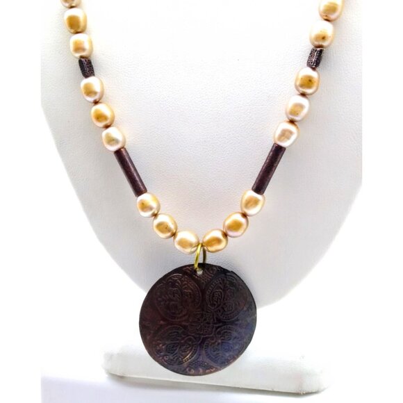 Vintage Baroque Pearl and Bronze Necklace, Metal Tube Beads and Embossed Disc - Picture 4 of 5